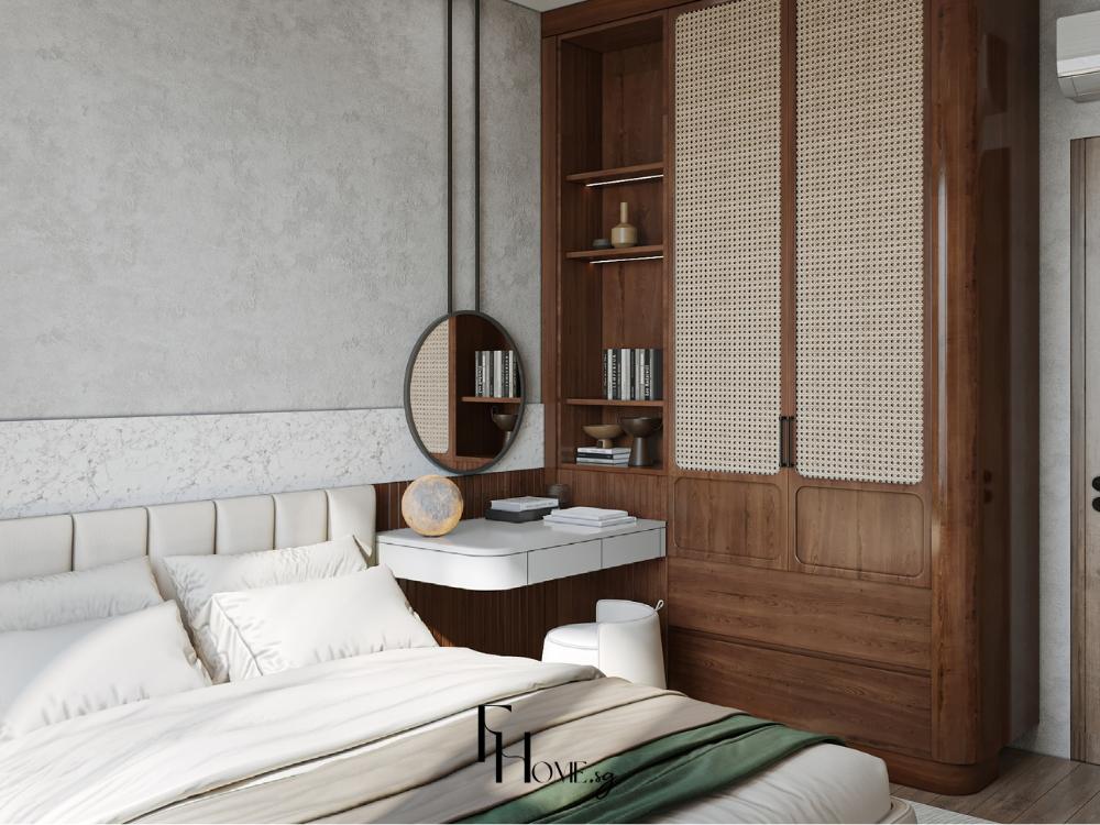 Phòng ngủ phong cách Tropical với ga trải giường màu be và tường xám nhạt