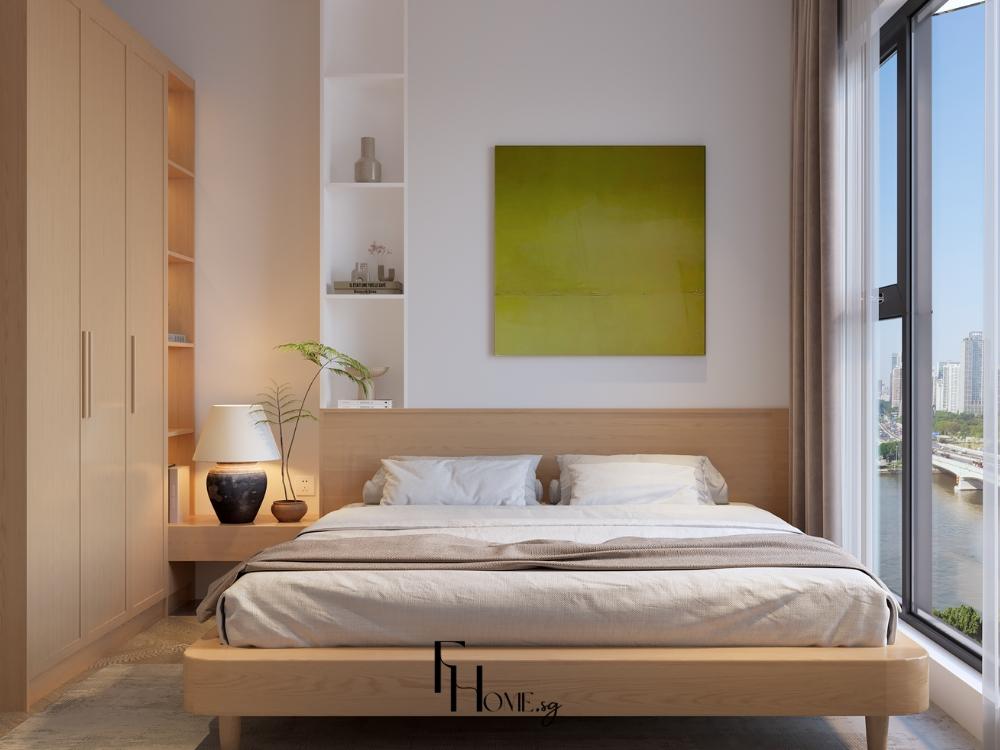 Phòng ngủ phong cách Tropical với ga trải giường trắng/be