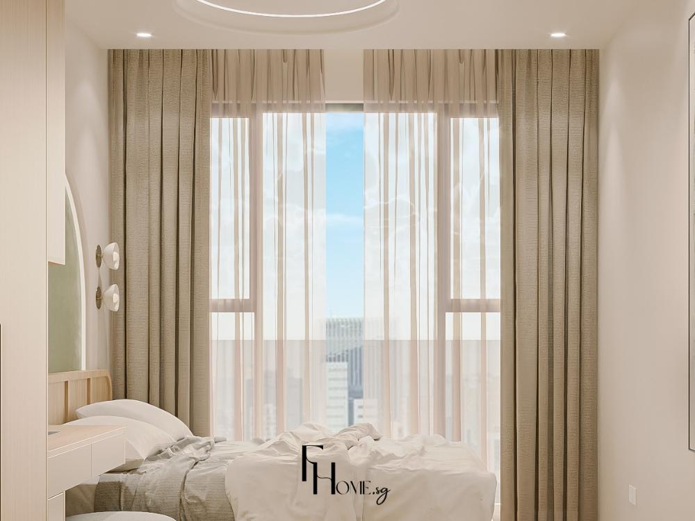 Phòng ngủ phong cách Tropical với sàn gỗ tếch, thảm cói đay và rèm cotton lanh