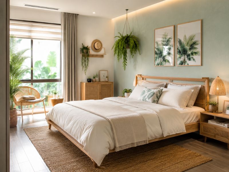 Phòng ngủ phong cách Tropical với tường xanh nhạt, giường gỗ mây, cây treo và ánh sáng tự nhiên