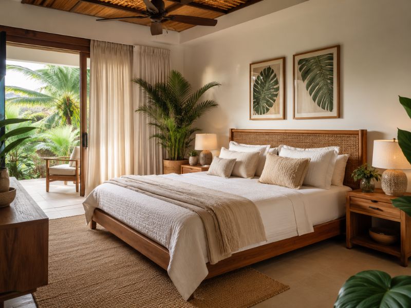 Phòng ngủ phong cách Tropical với giường gỗ, đầu giường mây, tranh lá nhiệt đới và cây xanh cạnh cửa sổ