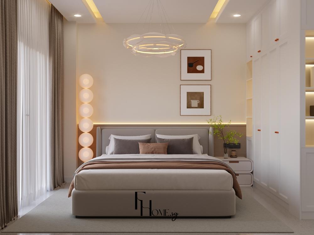 Phòng ngủ phong cách Wabi Sabi sử dụng bảng màu đất ấm kết hợp nội thất gỗ thô tạo không gian nghỉ ngơi thư giãn