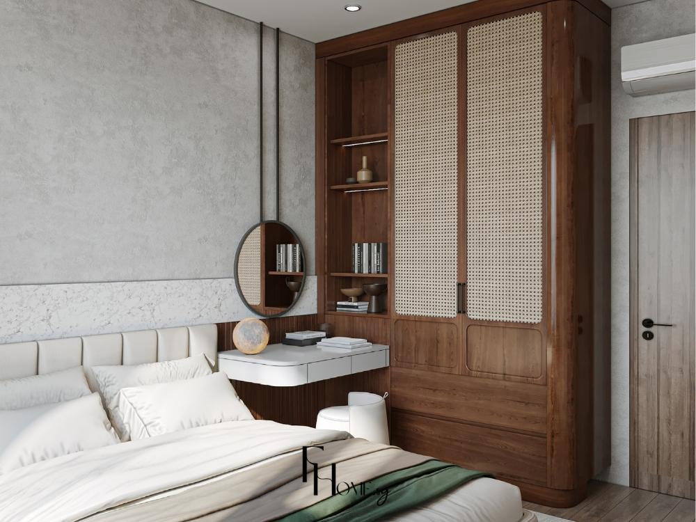 Phòng ngủ phong cách Wabi Sabi, thiết kế sử dụng gỗ tự nhiên, đá thô và tông màu đất ấm áp