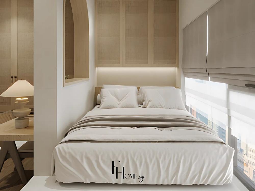 Phòng ngủ phong cách Wabi Sabi với giường gỗ tự nhiên, chăn ga màu trung tính