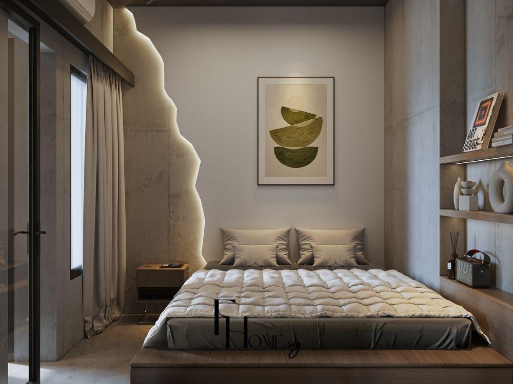 Phòng ngủ phong cách Wabi Sabi với gỗ thô, tông màu đất và chất liệu tự nhiên