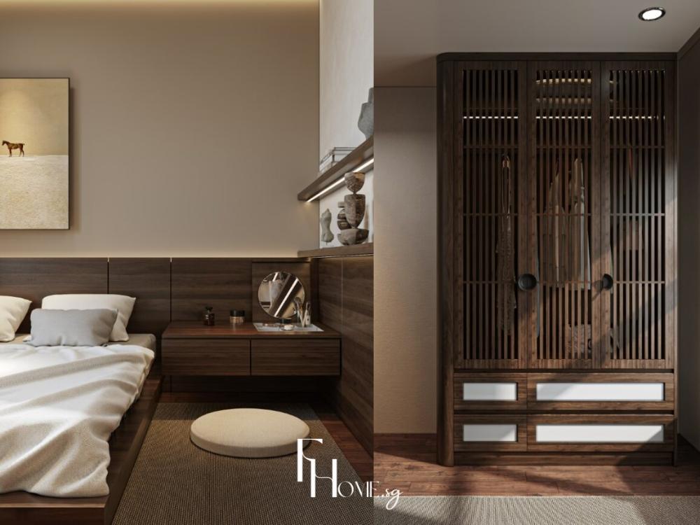 Phòng ngủ phong cách Zen trong chung cư 75m² có giường gỗ thấp, sàn gỗ sáng, chăn ga màu trắng, tủ phẳng