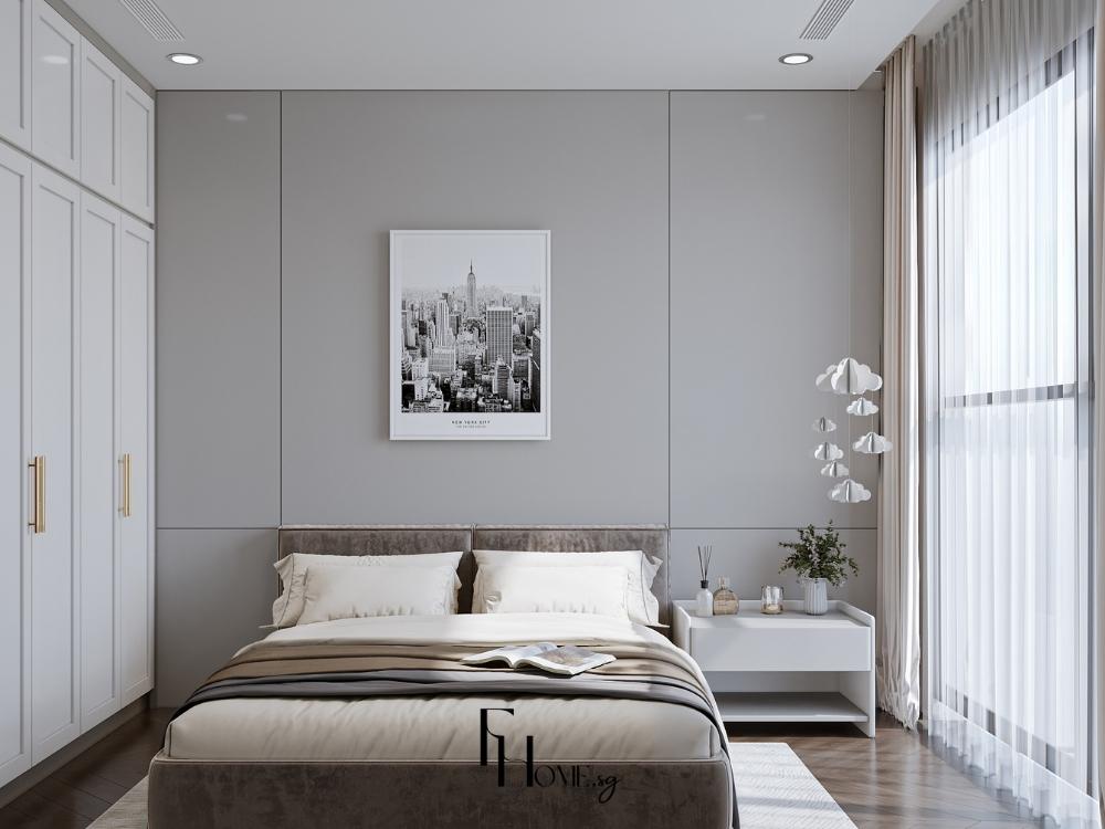 Phòng ngủ phong cách hiện đại tối giản với giường bọc nệm, tủ âm tường