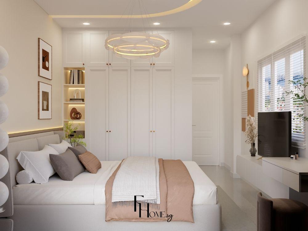 Phòng ngủ phong cách hiện đại với đèn LED âm trần và đèn ngủ ánh vàng dịu