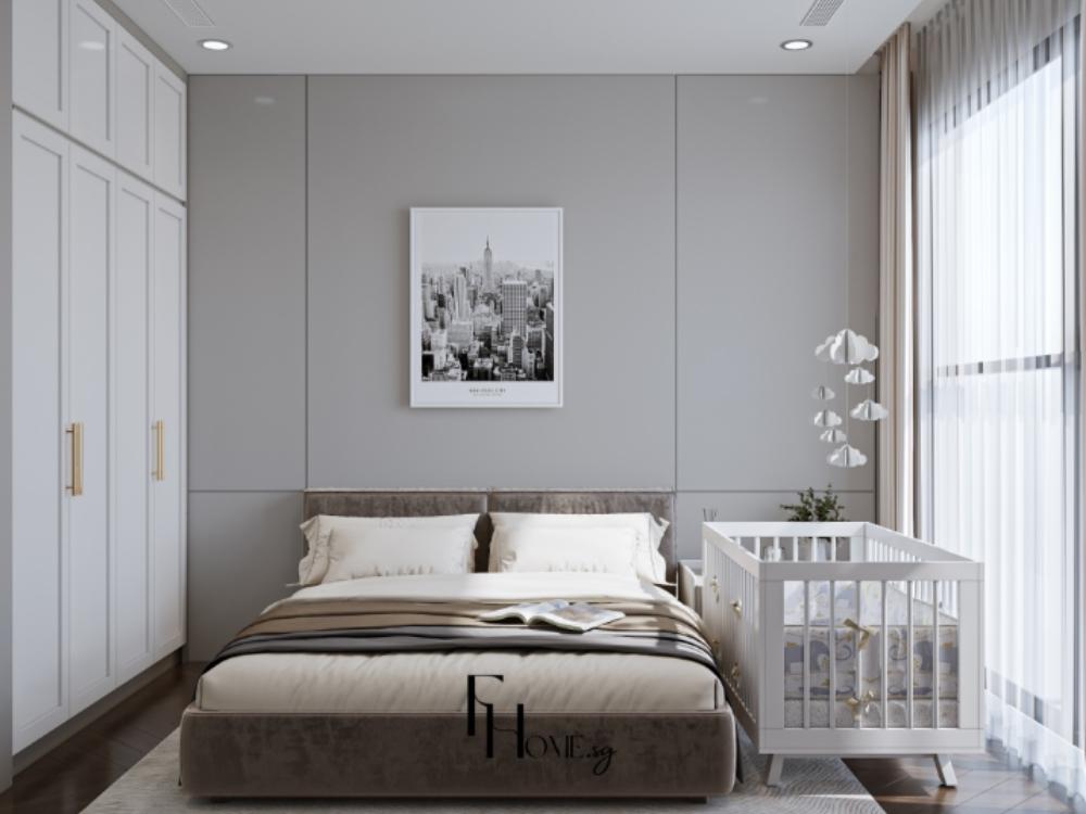 Phòng ngủ ấm cúng với giường hiện đại, đầu giường ốp gạch