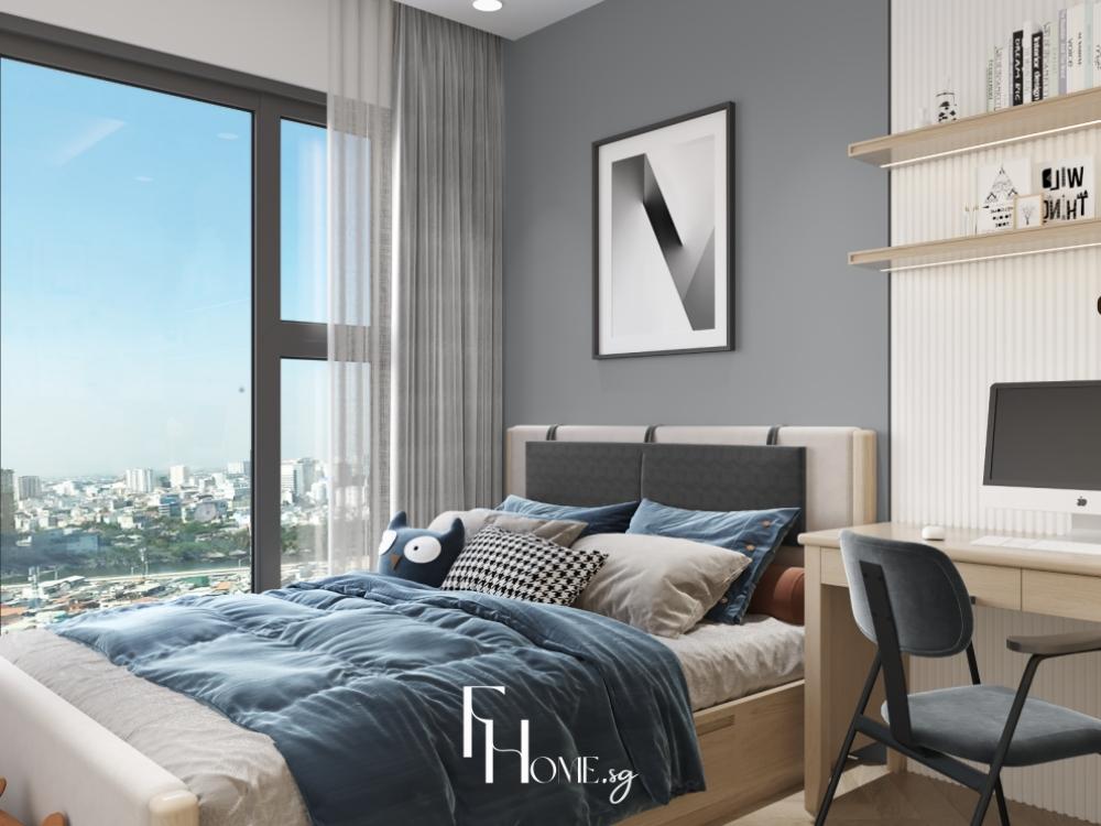 Phòng ngủ phong cách hiện đại với giường da màu xám xanh, tủ âm tường và đèn ngủ kim loại tối giản