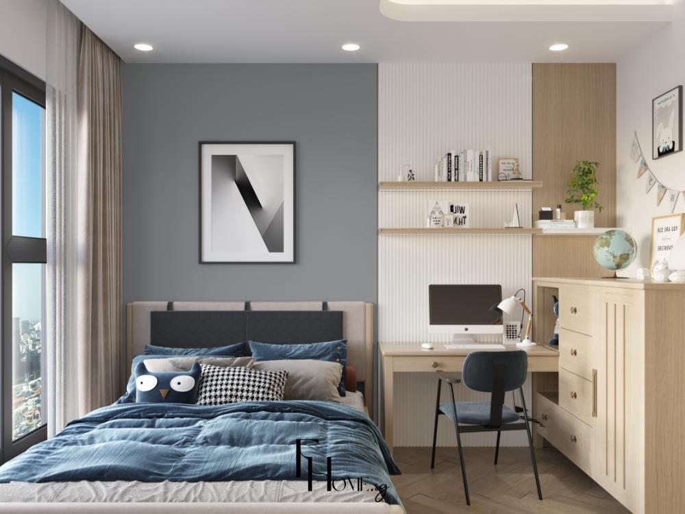 Phòng ngủ phong cách hiện đại với giường da màu xám xanh kết hợp bàn làm việc nhỏ