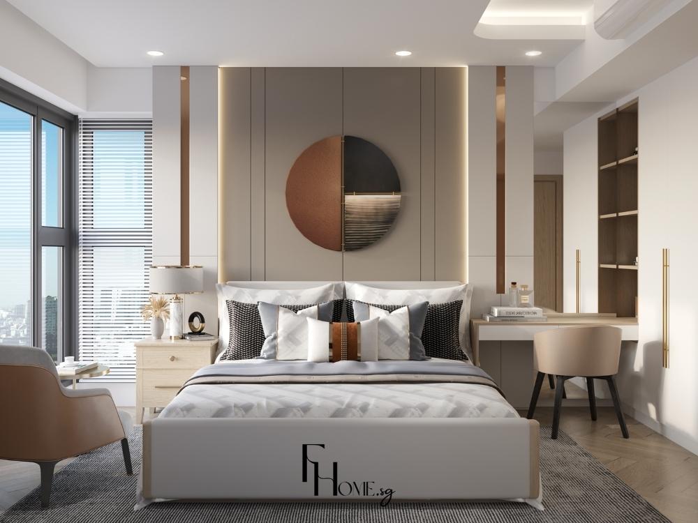 Phòng ngủ phong cách hiện đại với giường gỗ tự nhiên, tường màu trắng nhẹ nhàng