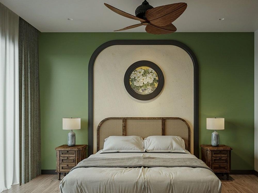 Phòng ngủ phong cách indochine tông màu xanh nhạt chủ đạo