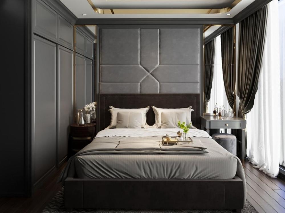 Phòng ngủ phong cách tân cổ điển, với tông màu trắng, vàng nhạt