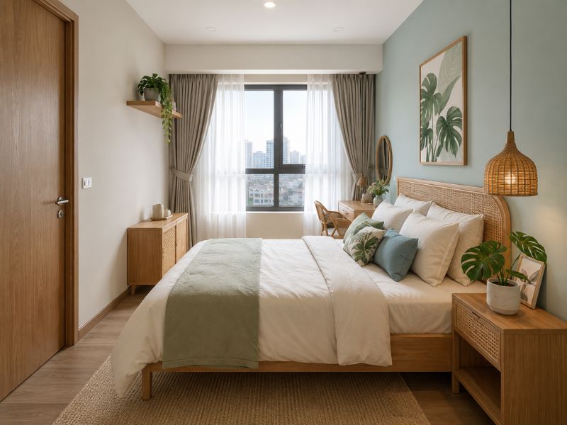 Phòng ngủ phong cách thiết kế nội thất Tropical với tường xanh pastel, đầu giường mây, gối họa tiết lá và cây Monstera