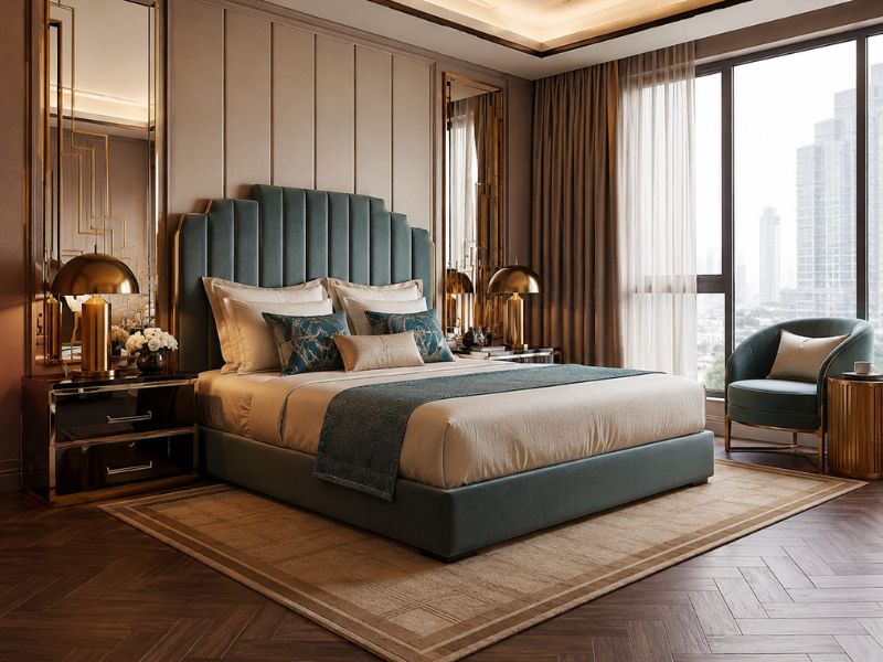 Phòng ngủ phong cách thiết kế nội thất chung cư Art Deco với giường bọc nệm xanh, tab đầu giường bóng gương, đèn bàn ánh kim và mảng tường đầu giường chia ô