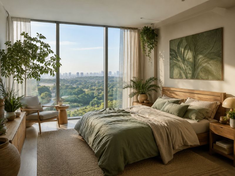 Phòng ngủ phong cách thiết kế nội thất chung cư Biophilic với giường gỗ, cửa kính lớn, cây xanh trang trí và tầm nhìn rộng ra mảng xanh bên ngoài