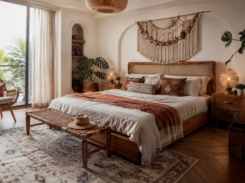 Phòng ngủ phong cách thiết kế nội thất chung cư Bohemian với giường gỗ, đầu giường mây, tranh macramé lớn, thảm họa tiết và đèn ngủ đan thủ công
