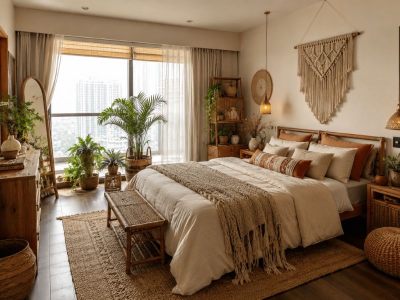 Phòng ngủ phong cách thiết kế nội thất chung cư Bohemian với giường gỗ, chăn len tua rua, decor macramé treo tường và nhiều cây xanh gần cửa sổ