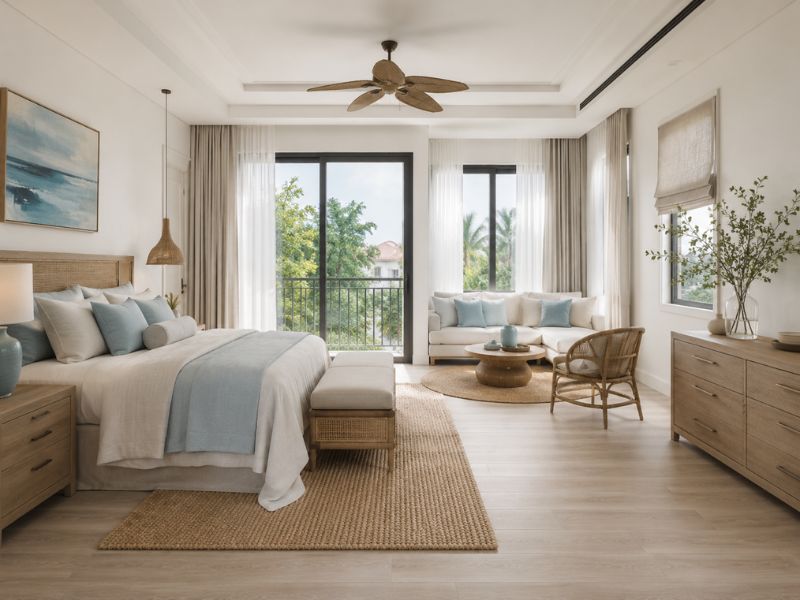 Phòng ngủ phong cách thiết kế nội thất chung cư Coastal với giường gỗ sáng, ghế thư giãn mây, sofa nhỏ cạnh cửa sổ và quạt trần lá cọ