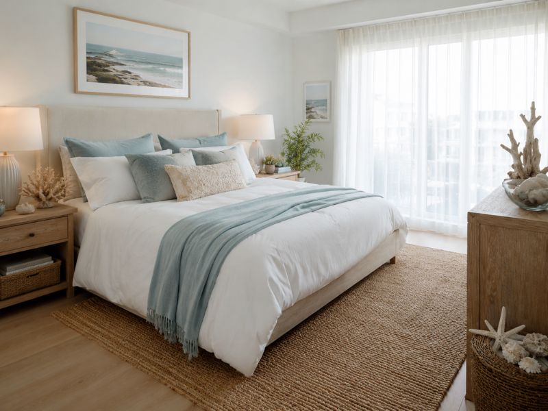 Phòng ngủ phong cách thiết kế nội thất chung cư Coastal với giường trắng, chăn xanh nhạt, thảm sợi đan và rèm mỏng đón ánh sáng tự nhiên