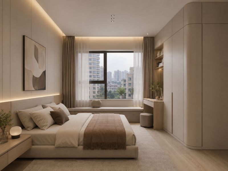 Phòng ngủ phong cách thiết kế nội thất chung cư Đài Loan với giường thấp, tủ áo bo góc, bàn trang điểm nhỏ và cửa sổ ngồi thư giãn cạnh cửa kính