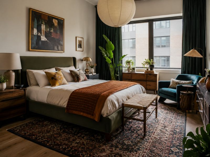 Phòng ngủ phong cách thiết kế nội thất chung cư Eclectic với giường bọc nệm xanh đậm, ghế thư giãn xanh lam, tranh treo tường và thảm hoa văn cổ điển