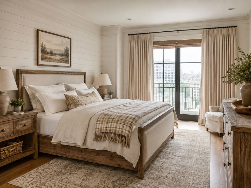 Phòng ngủ phong cách thiết kế nội thất chung cư Farmhouse với giường gỗ bọc nệm, chăn ga màu kem, rèm sáng màu và nội thất gỗ mộc