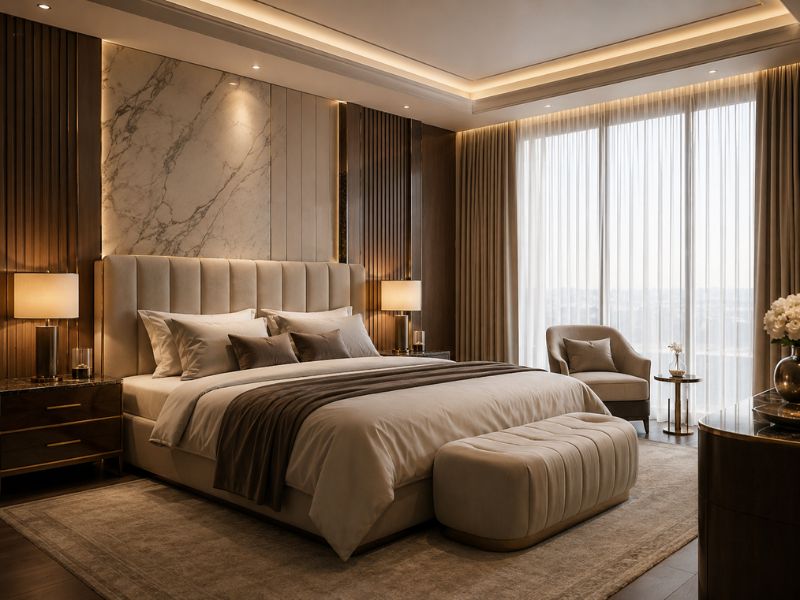 Phòng ngủ phong cách thiết kế nội thất chung cư Luxury với giường bọc nệm, mảng ốp đầu giường đá vân mây và nội thất tông nâu kem