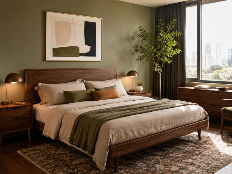 Phòng ngủ phong cách thiết kế nội thất chung cư Mid-Century Modern với giường gỗ thấp, tường xanh olive, tab đầu giường nhỏ và tranh treo tối giản