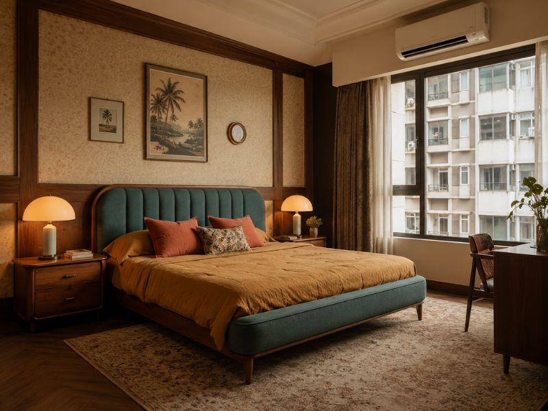 Phòng ngủ phong cách thiết kế nội thất chung cư Retro với giường bọc nệm xanh teal, tường ốp gỗ, tranh treo vintage và tông màu nâu cam ấm