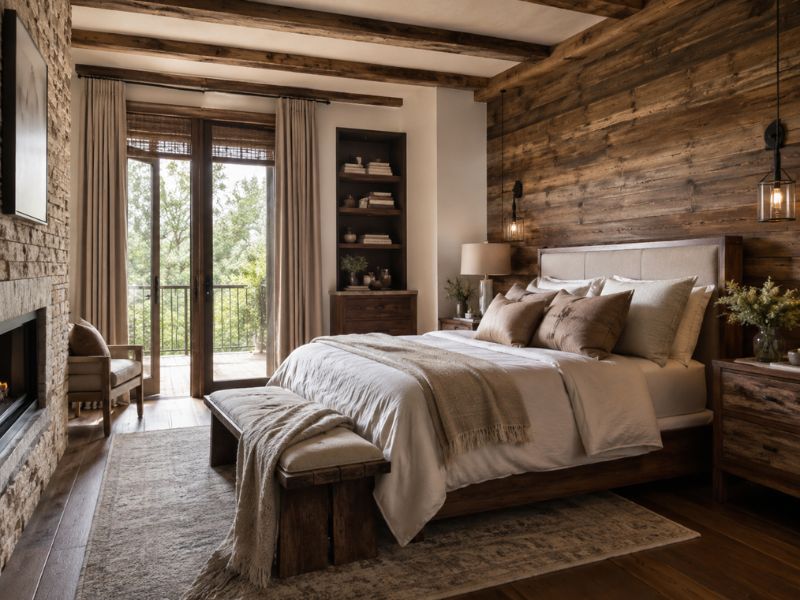 Phòng ngủ phong cách thiết kế nội thất chung cư Rustic với mảng tường gỗ ốp đầu giường, lò sưởi, cửa kính lớn và nội thất gỗ tự nhiên