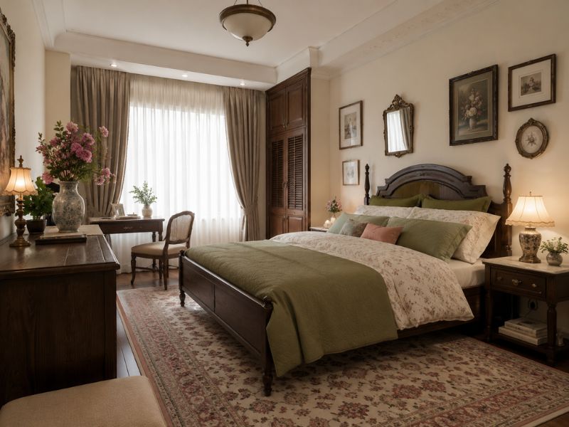Phòng ngủ phong cách thiết kế nội thất chung cư Vintage với giường gỗ tối màu, chăn ga hoa nhí, rèm vải dày và tranh treo tường cổ điển