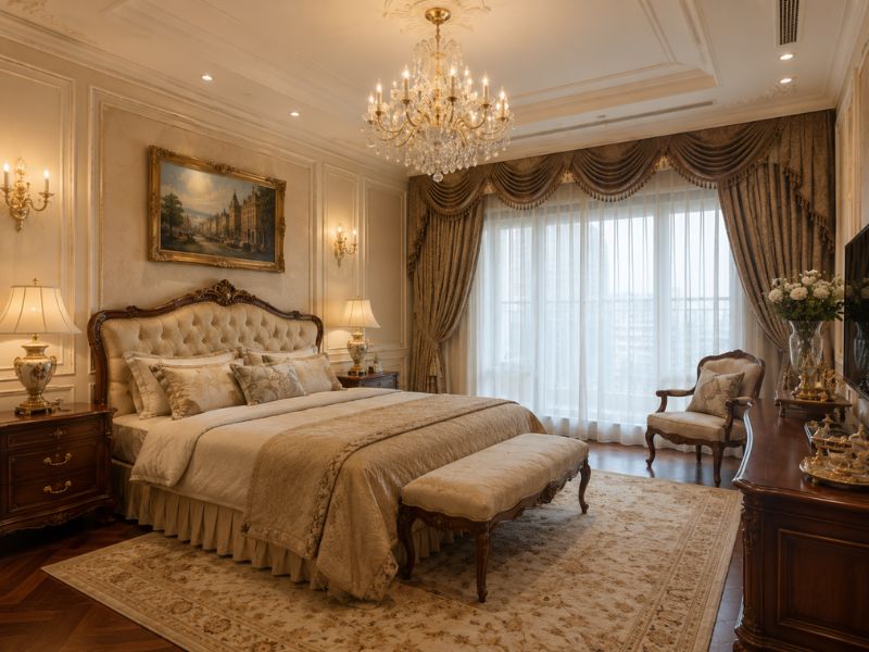 Phòng ngủ phong cách thiết kế nội thất chung cư cổ điển với giường bọc nệm, đèn chùm pha lê và rèm cửa vải dày họa tiết