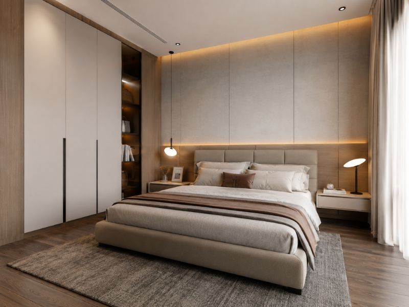 Phòng ngủ phong cách thiết kế nội thất chung cư đương đại với giường bọc nệm, mảng tường đầu giường tối giản và hệ tủ áo âm tường