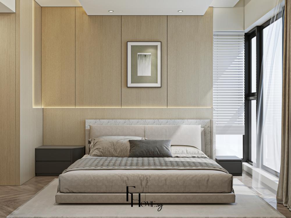 Phòng ngủ phong cách tối giản, nội thất tinh gọn và đường nét sạch sẽ tạo cảm giác thư thái, rộng thoáng