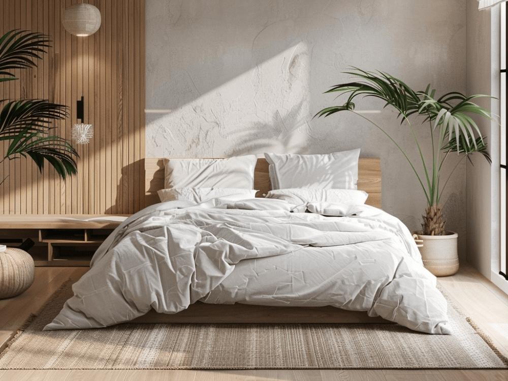 Phòng ngủ phong cách tối giản tông trắng nâu, giường thấp giúp không gian thoáng sáng