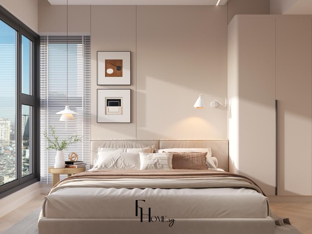 Phòng ngủ phong cách tối giản với giường màu trắng sang trọng và tủ âm tường