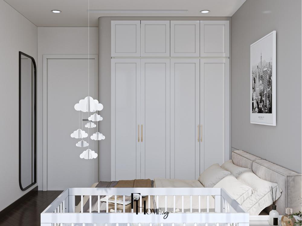 Phòng ngủ phong cách tối giản với nội thất tinh gọn, giường và bàn được bố trí khoa học tạo cảm giác thoáng rộng