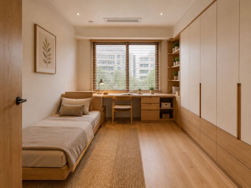 Phòng ngủ phụ căn hộ 70m2 phong cách Nhật Bản với bàn học cạnh cửa sổ