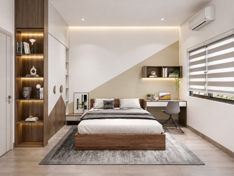 Phòng ngủ phụ nhà phố 5x20 phong cách tối giản với tường sơn vát góc hai màu