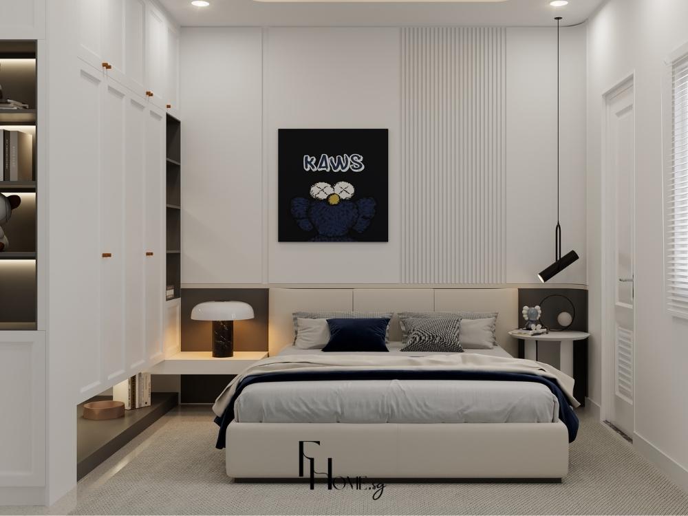 Phòng ngủ phụ với giường đơn giản, tủ âm tường và ánh sáng dịu nhẹ từ đèn ngủ vàng