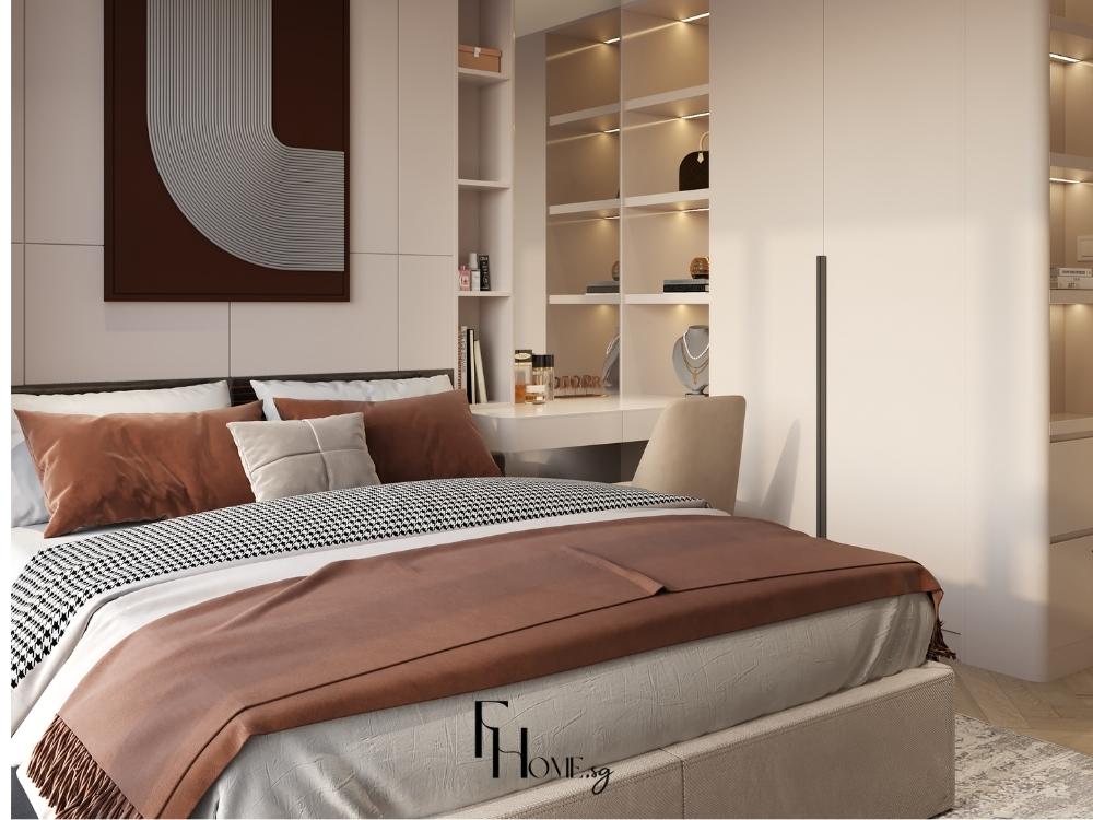 Phòng ngủ sử dụng giường tích hợp ngăn kéo và tủ âm tường
