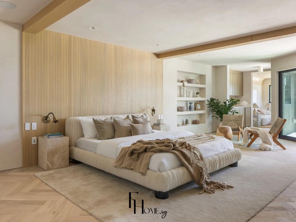 Phòng ngủ sử dụng màu sắc nhẹ nhàng và vật liệu thân thiện như gỗ tự nhiên, vải cotton cao cấp và đệm memory foam