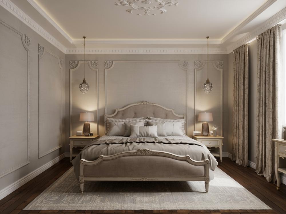 Phòng ngủ tân cổ điển sang trọng với giường da, phào chỉ và ánh sáng mềm mại