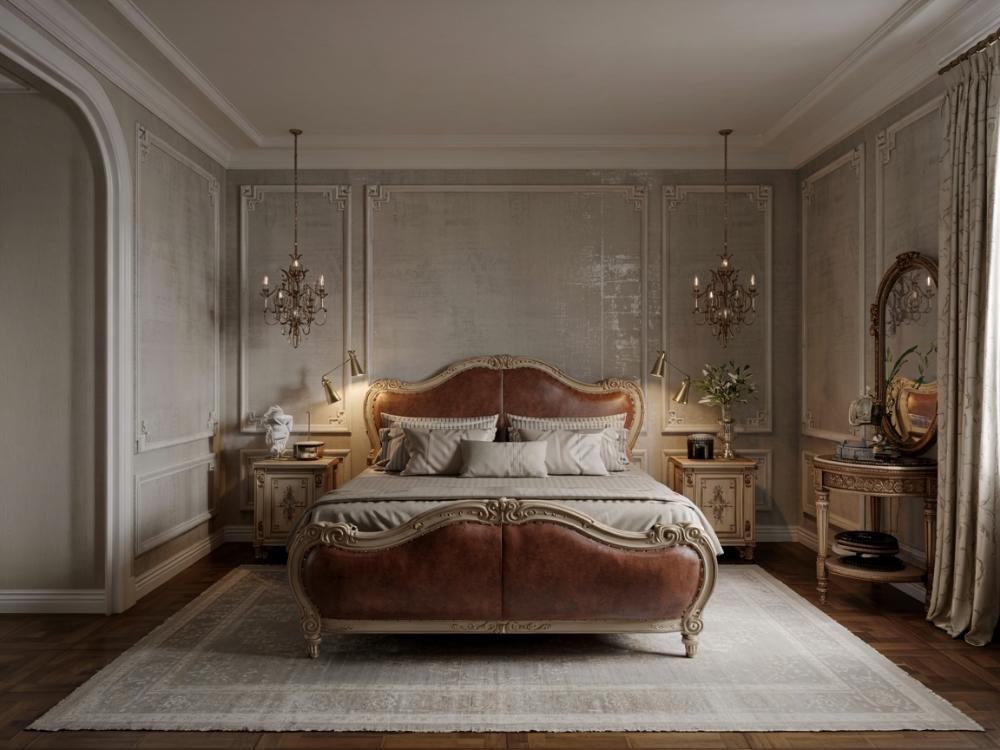 Phòng ngủ tân cổ điển với giường da, phào chỉ tinh xảo và chiếu sáng gián tiếp