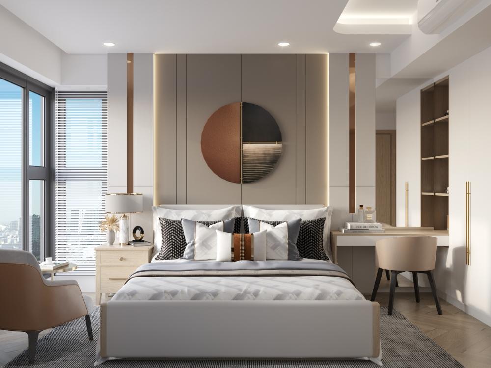 Phòng ngủ tầng 2 nhà phố 90m² 3 tầng bố trí hợp lý cho master, đảm bảo riêng tư, tiện nghi và không gian nghỉ ngơi thoải mái