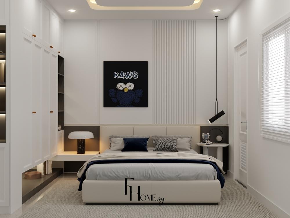 Phòng ngủ tầng 2 yên tĩnh, riêng tư, hài hòa về màu sắc và vật liệu với toàn bộ ngôi nhà