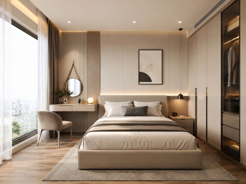 Phòng ngủ thiết kế nội thất chung cư phong cách hiện đại với giường bọc nệm, bàn trang điểm nhỏ và hệ tủ âm tường