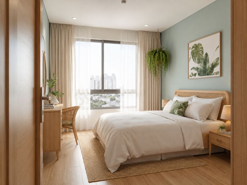 Phòng ngủ thiết kế nội thất phong cách Tropical với giường mây, rèm mỏng, tranh lá và cây treo